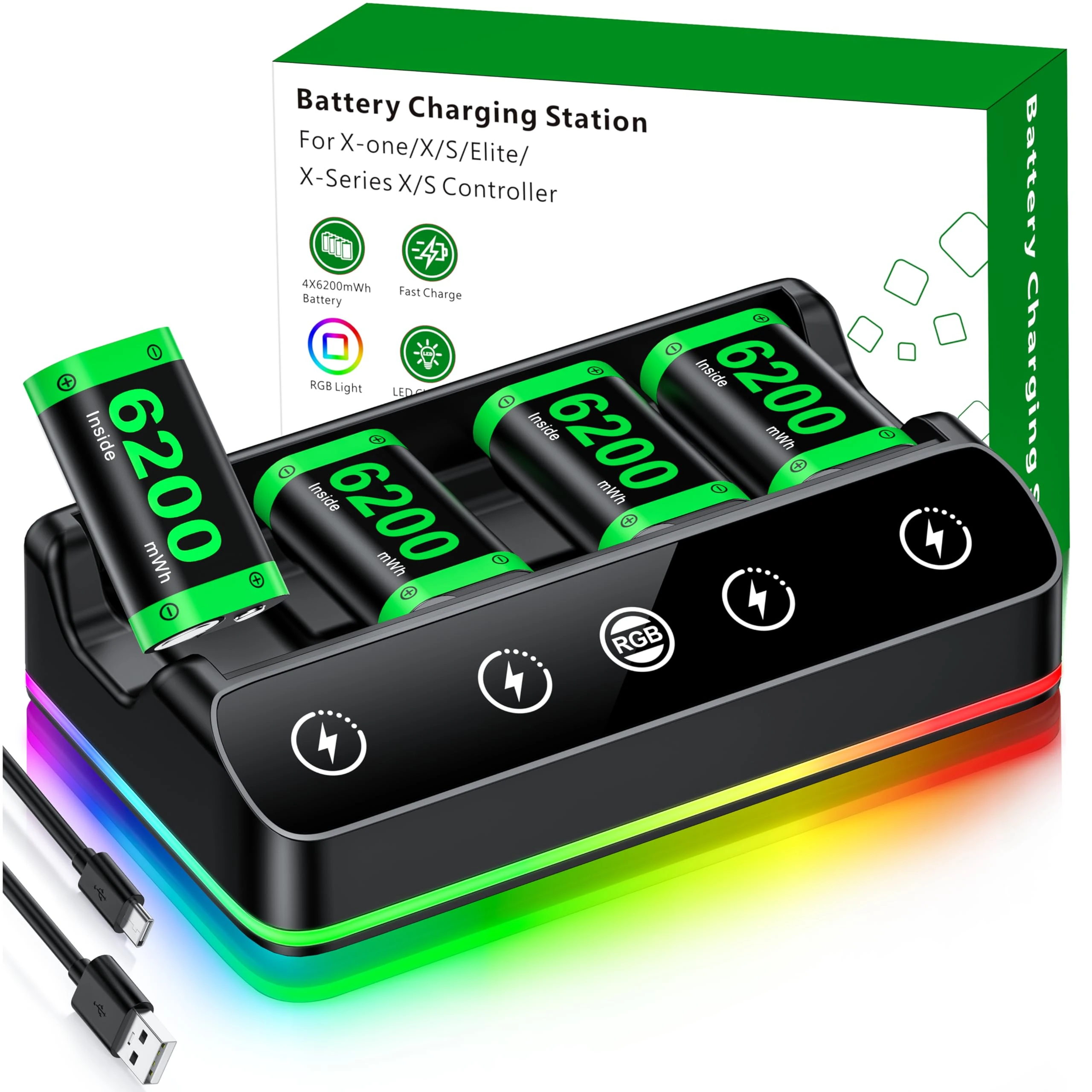 HEYLICOOL 4X 6200mWh Battery Pack Compatible with Xbox One/Series S/X Controller with Charging Station,Rechargeable Battery Pack Charger Accessories for Xbox One/S/X/Elite Controller with RGB Lights