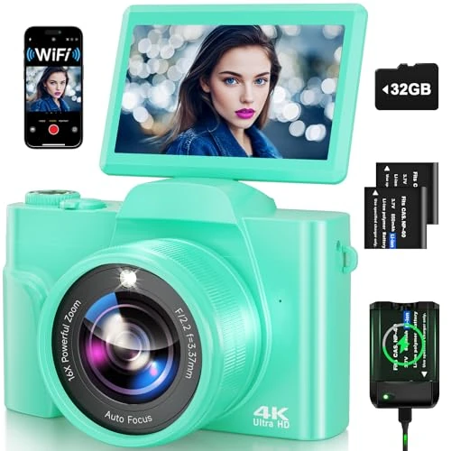 Digital Camera with WiFi, 4K 64MP Autofocus Vlogging Camera for YouTube with SD Card, 3.0" 180° Flip Screen 16X Digital Zoom, 2 * Batteries with Charging Station, Cameras for Teenager-Turquoise