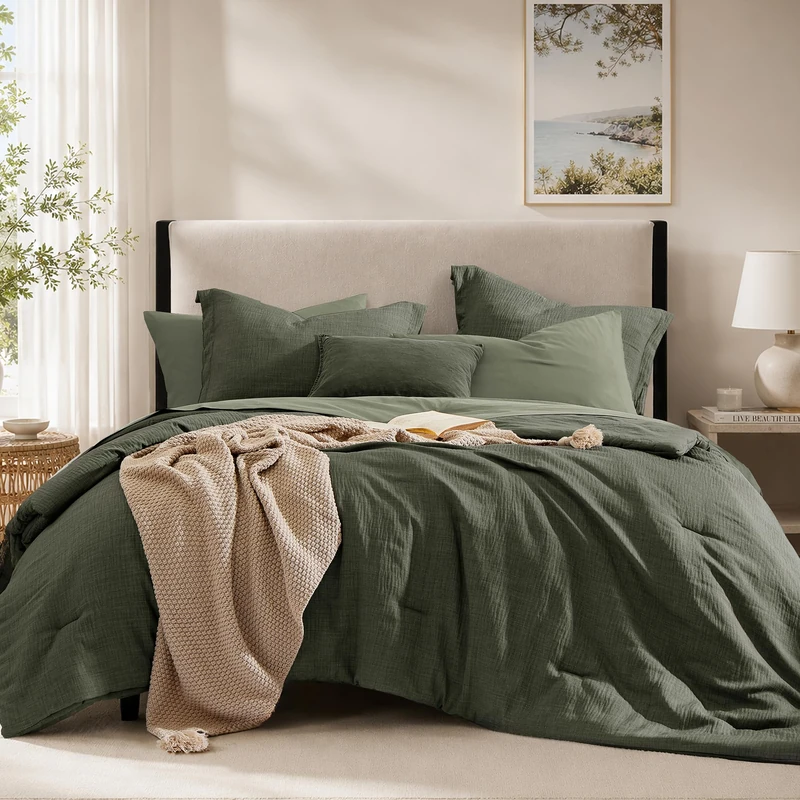 Oversized Queen Comforter Set - 7 Pieces Green Textured Queen Bedding Sets