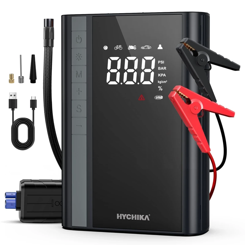 Jump Starter Power Pack with Air Compressor - HYCHIKA 150PSI Car Battery Booster Jump Starter(6L Gas/4L Diesel/Hybrid),12V Portable Car Starter Power Bank with Jump Leads, 1500A, Lights
