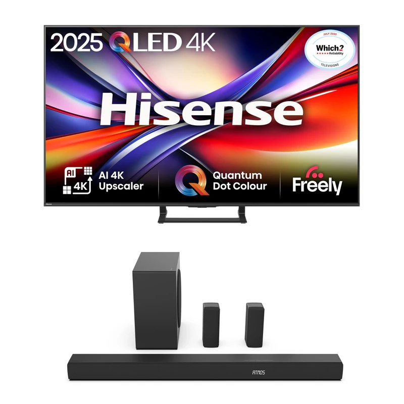 Hisense TV & Soundbar Bundle: 75A7QTUK 4K QLED TV plus the AX5100Q 5.1 Channel Soundbar – ultra-smooth motion and surround sound designed for big-screen action