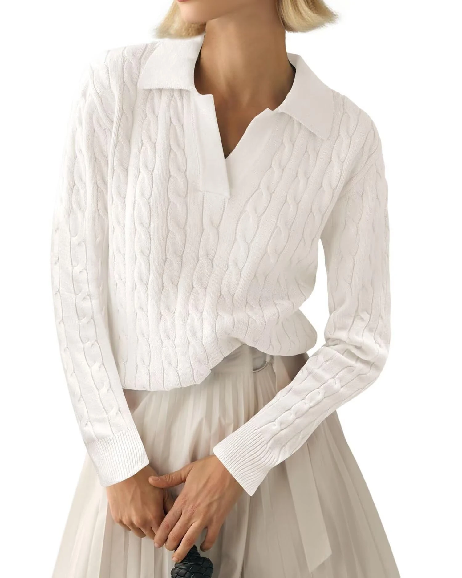 LACOZY Cute Knit Polo Shirts Light Pink Polo Sweater Shirt for Women Winter Long Sleeve Going Out Sweaters White XL