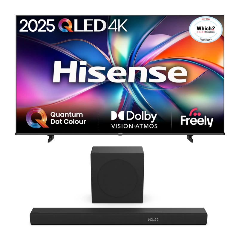 Hisense TV & Soundbar Bundle: 85E7QTUK QLED TV plus the HS3100 3.1 Channel Soundbar – exceptional contrast and powerful audio in a premium pairing