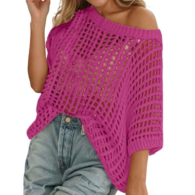 Women Summer Crochet Hollow Out Knit Top Beach Cover up Off Shoulder Short Sleeve Knitwear Pullover Mesh Crochet Jumper Bikini Cover up Swimsuit Beachwear