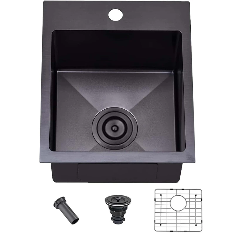 SHACO 13× 15 Inch Drop in Black Bar Sink, Stainless Steel Top Mount Small Single Bowl Kitchen Bar Sink, 9 Inch Deep Gunmetal Black 16 Gauge Small Kitchen Sink with Strainer Drain