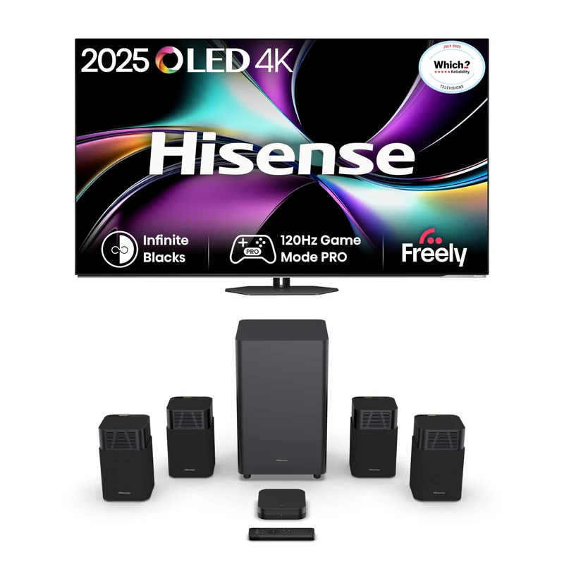 Hisense TV & Soundbar Bundle: 55A85QTUK OLED TV plus the HT SATURN Soundbar – rich OLED visuals and dynamic surround sound in perfect harmony.