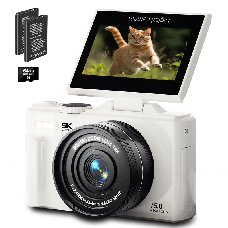 5K Digital Camera for Photography, Upgraded 75MP Autofocus WiFi Vlogging Camera for YouTube with 3" 180° Flip Screen, 18X Zoom, UHD Compact Travel Cameras with 64GB Card, 2 Batteries