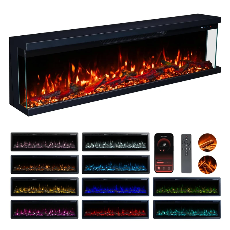 Valine Fires 3-Sided Panoramic Electric Freestanding Fireplace Heater 72"/183cm – Wall-Mounted, Media Wall Electric Fire, 15 LED Colours, Crackling Sound, Wifi/Alexa/App/Remote 900W/1800W Heat Control