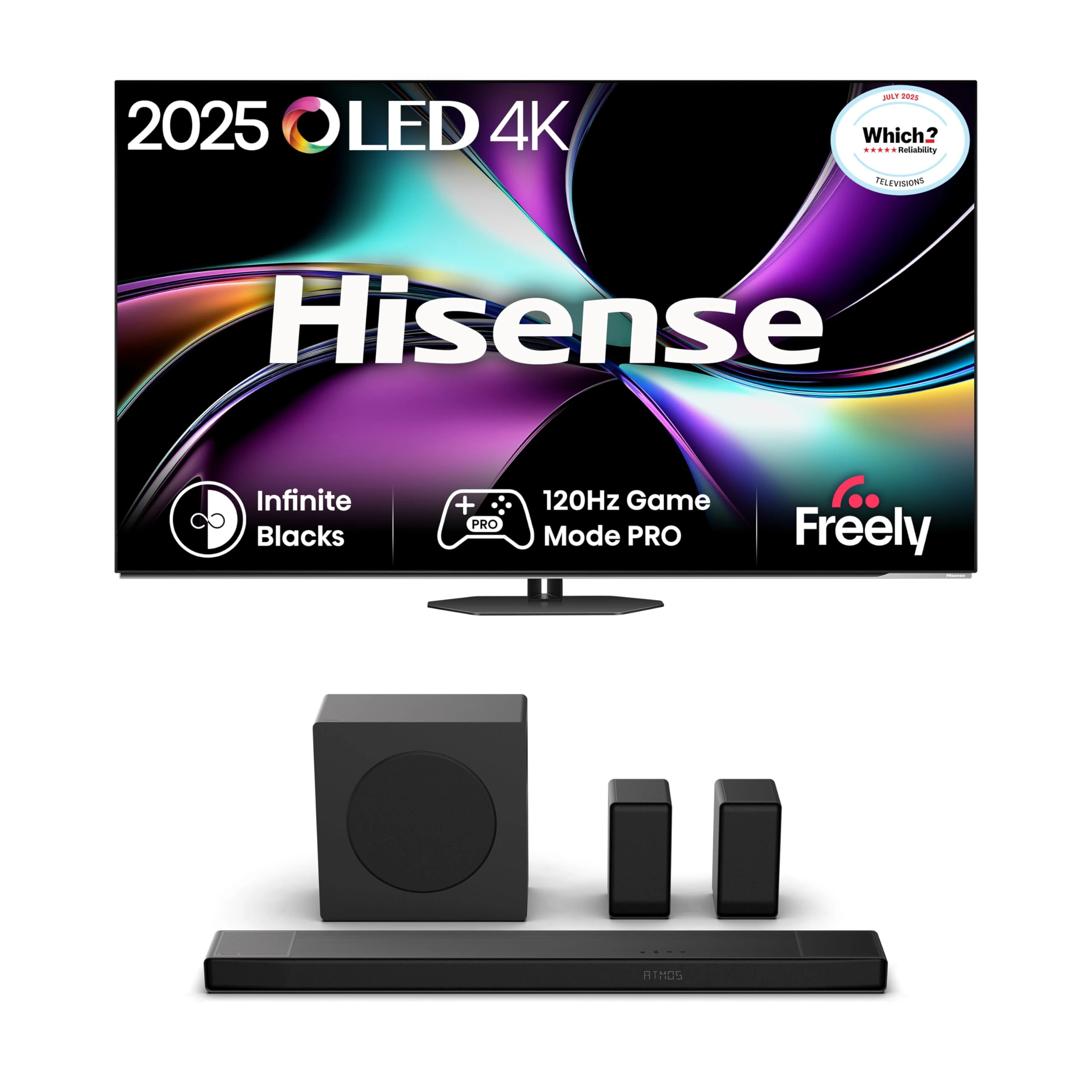 Hisense TV & Soundbar Bundle: 65A85QTUK OLED TV plus the AX5140Q Soundbar – ultra-deep blacks and immersive 5.1.2 channel sound for a premium home cinema experience