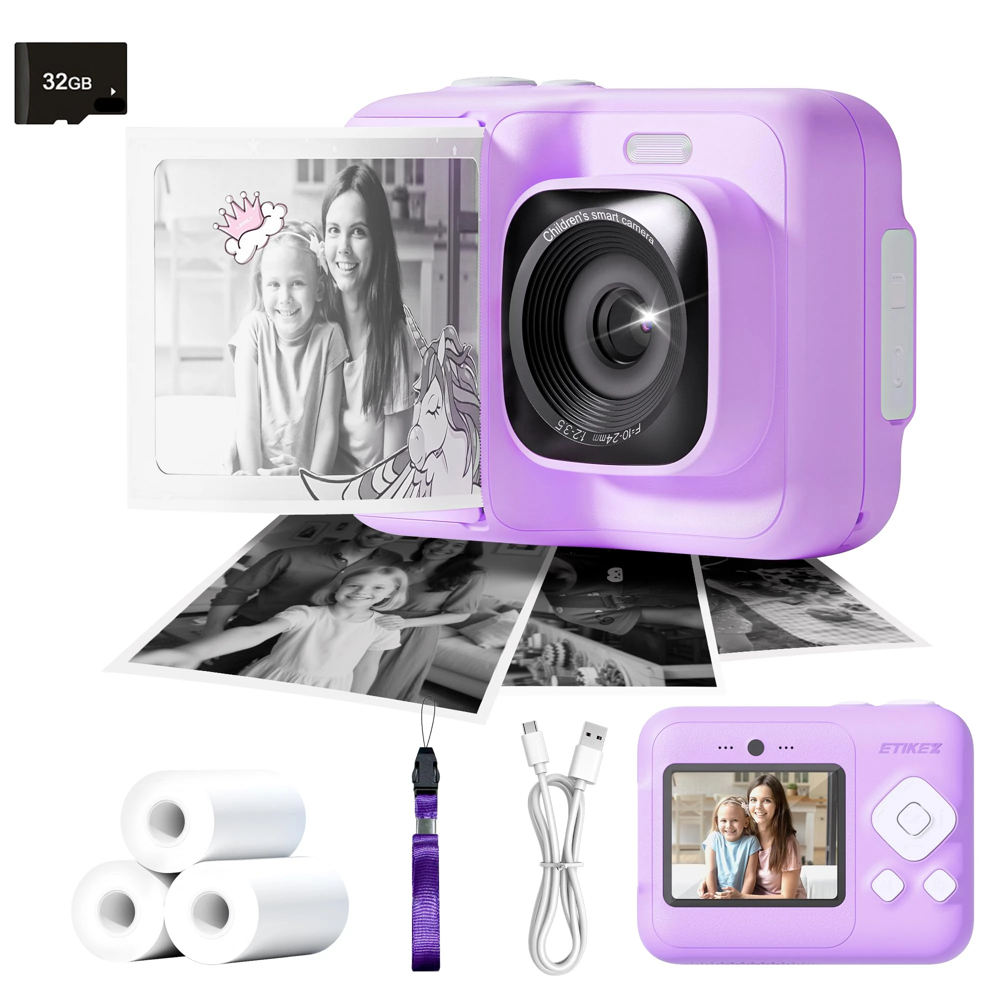 ETIKEZ Instant Print Camera for Kids, HD Digital Camera, Christmas Birthday Gifts for 4 5 6 7 8 9 10 Year Old Girls Boys, Portable Toy Printer with 32GB SD Card & 3 Rolls Printing Paper, Plum