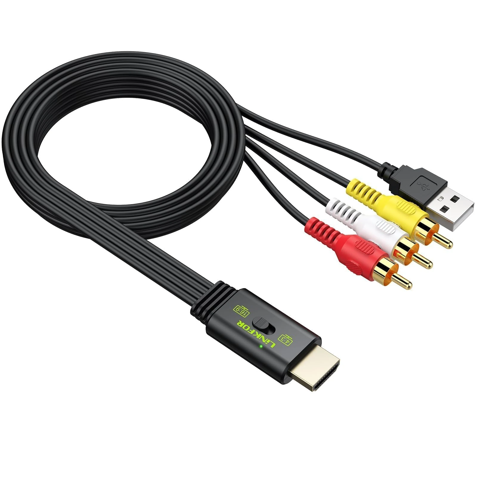 LiNKFOR RCA to HDMI Converter - 1080P AV to HDMI CVBS Audio Video Adapter Built-in 150cm Cable, with 16:9/4:3 Conversion Supports PAL/NTSC for Wii/ PS1/ PS2/ N64 Retro Console