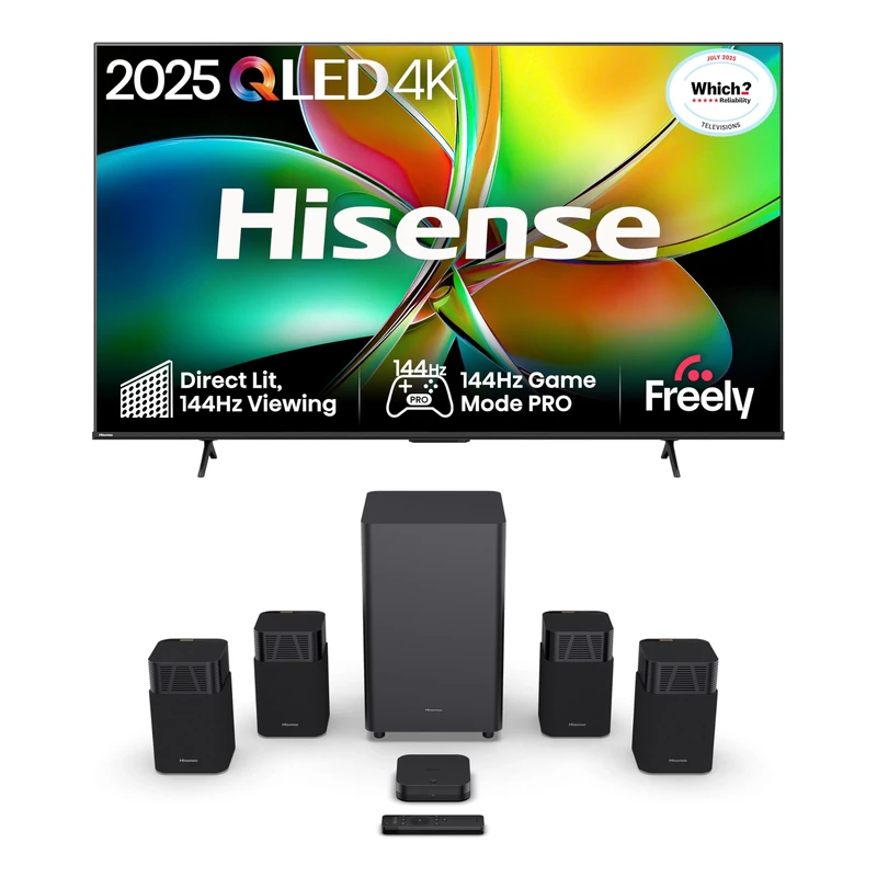 Hisense TV & Soundbar Bundle: 85E78QTUK PRO QLED TV plus the HT SATURN Soundbar – stunning scale with immersive 3D audio