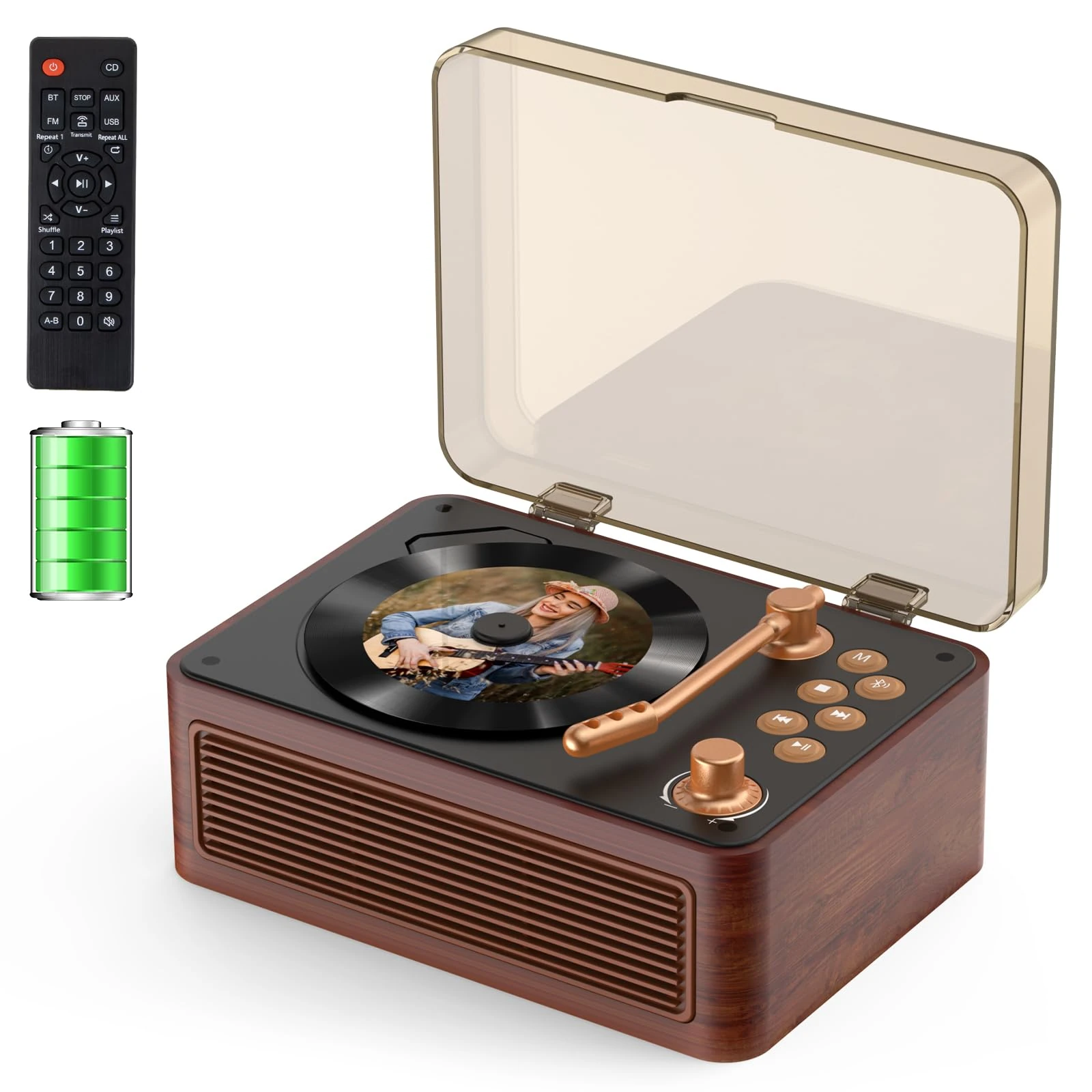 Gueray Portable Bluetooth CD Player with Speakers 3600mAh Rechargeable Vintage CD Player for Home, Retro Walnut Wood CD Players FM Radio with Remote Control, Support USB AUX Playback for Audio