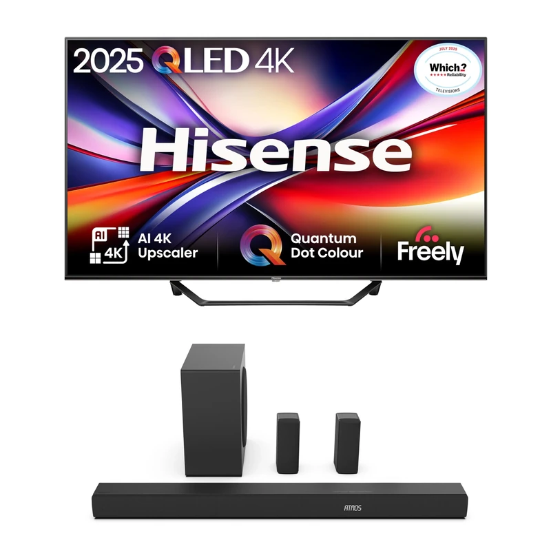 Hisense TV & Soundbar Bundle: 43A7QTUK QLED TV plus the AX5100Q Soundbar – small size, big sound, and brilliant 4K clarity