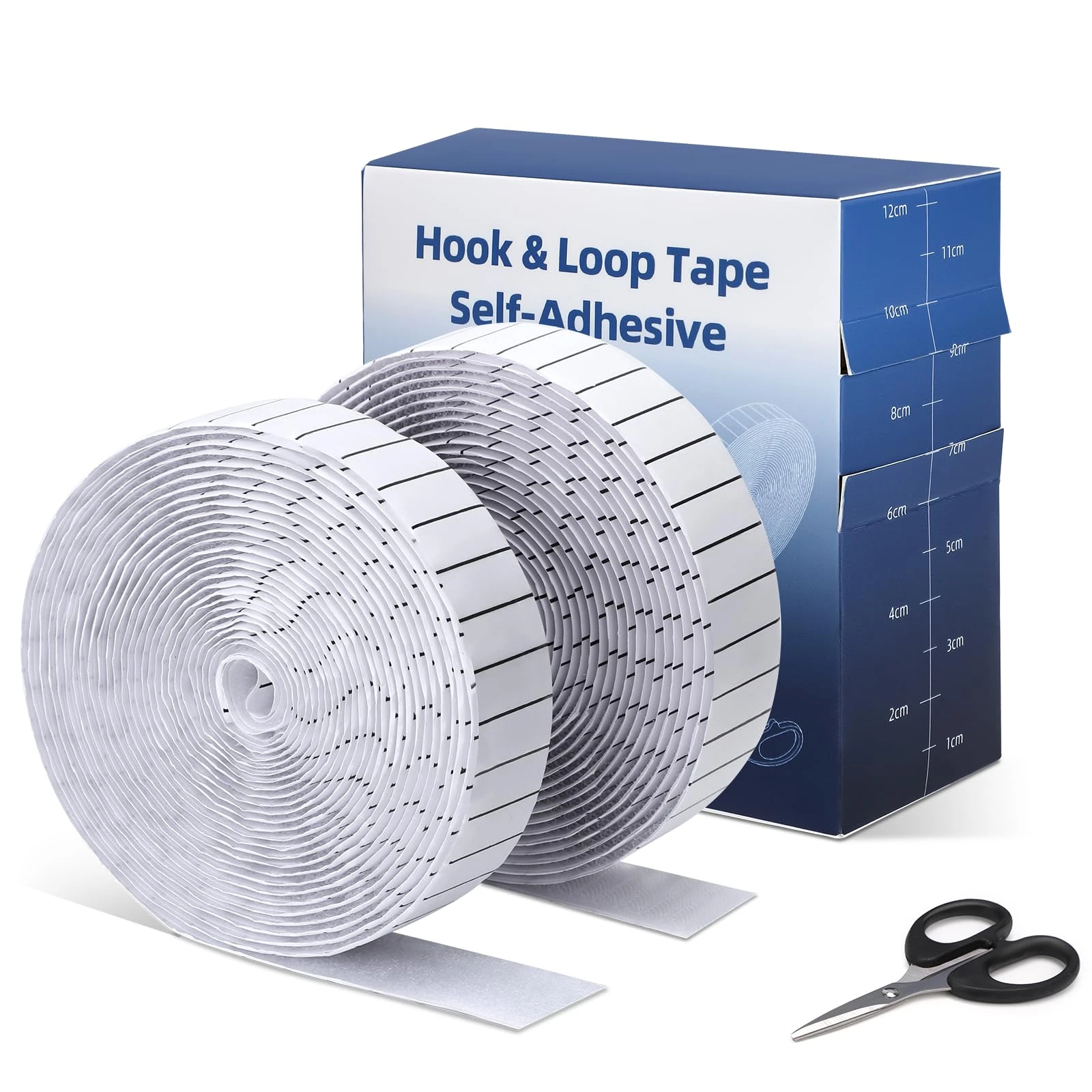 Euqvunn Hook and Loop Tape 2 Rolls (2.5cm x 5m), Hook and Loop Strips Self Adhesive with Scissors and Grid Backing, Ideal for DIY, Wall Mounting, Fly Screens Use (White)