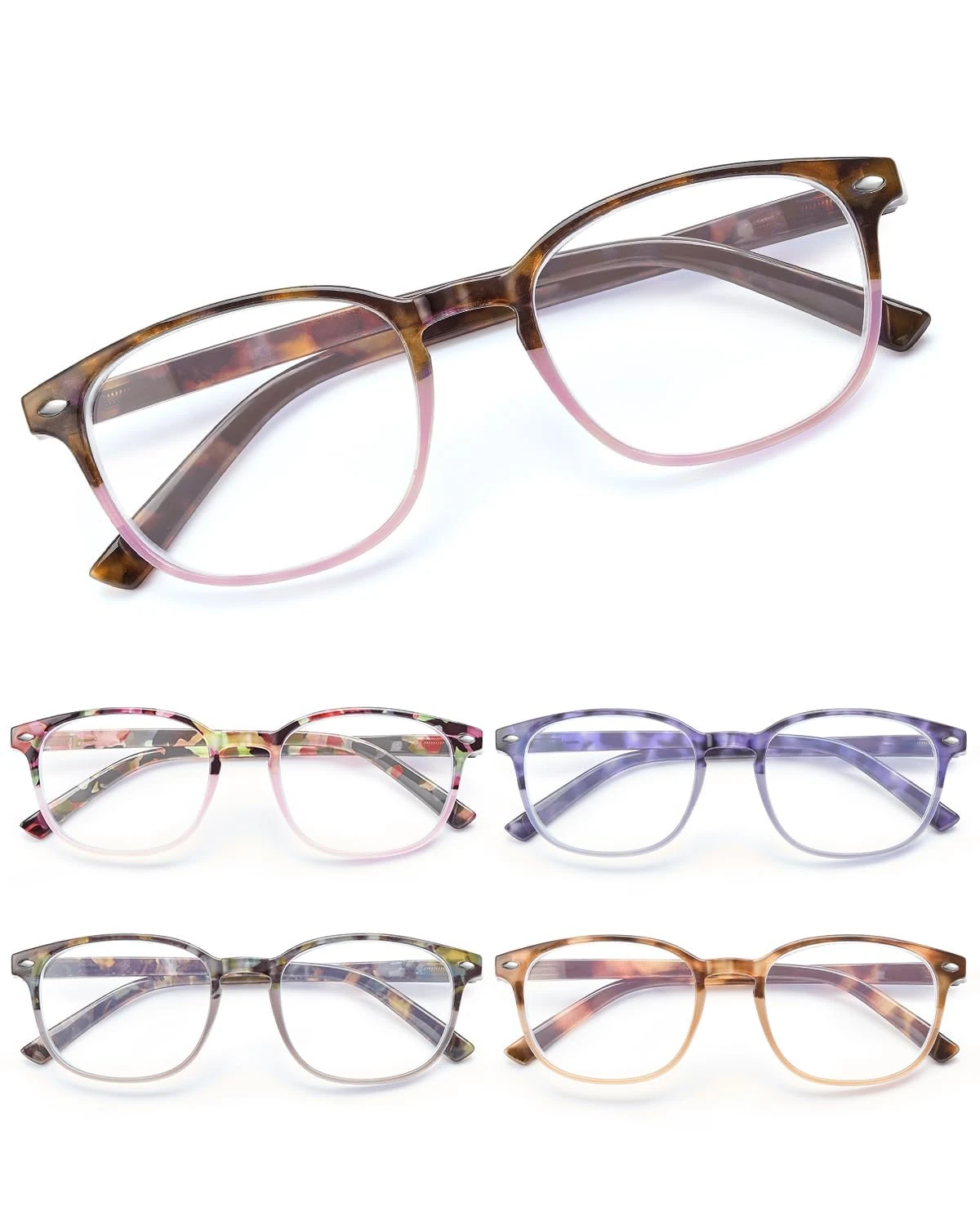 JM Blue Light Reading Glasses for Women with Spring Hinge, Square Lightweight Ladies Magnifying Glasses for Reading 5 Packs +2.5