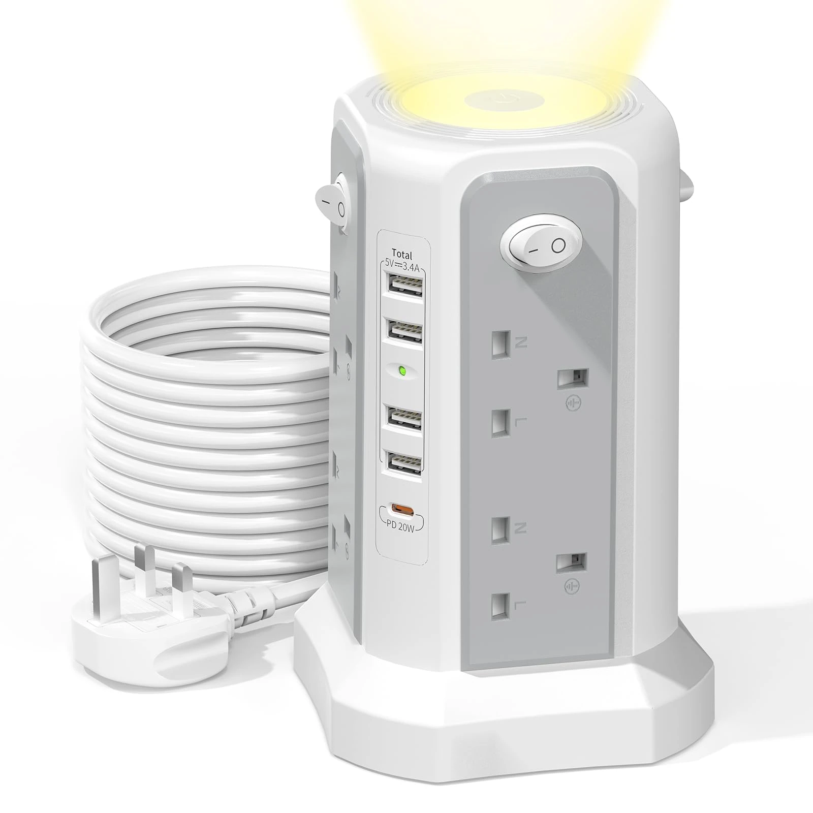 Tower Extension Lead 3M and Night Light, 5 USB Ports & 8 Way Plug Extension Tower, Extension Lead Surge Protection with 4 Independent Switch, Extension Cable for Home Office (Gray and White, 3M-4A1C)