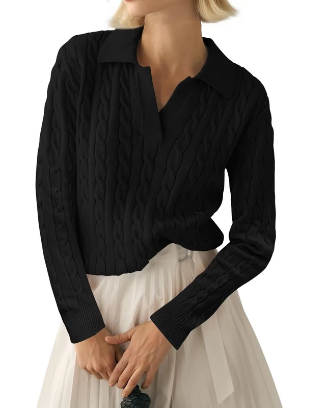 LACOZY Womens Long Sleeve Polo Shirts Business Casual Work Tops Blouse Slim Fitted Collared V Neck Shirt 2025 Black XL