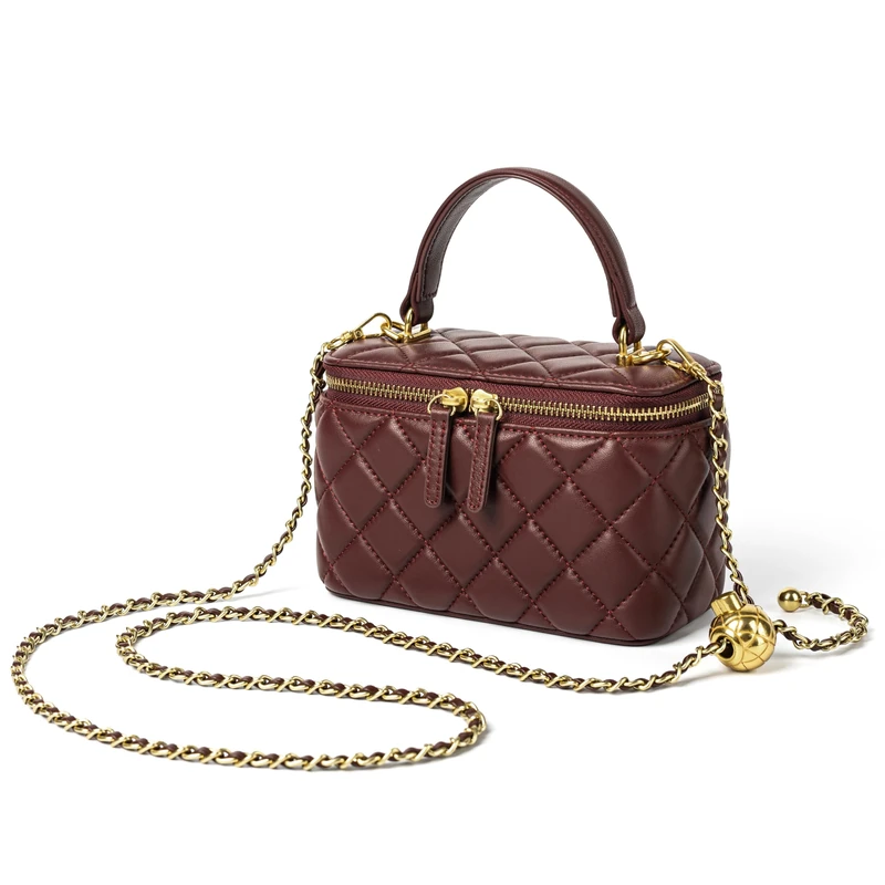 Doris&Jacky Small Quilted Box Crossbody Purse For Women Designer Leather Mini Top Handle Pouch Bag With Metal Chain Strap, 5-wine Red