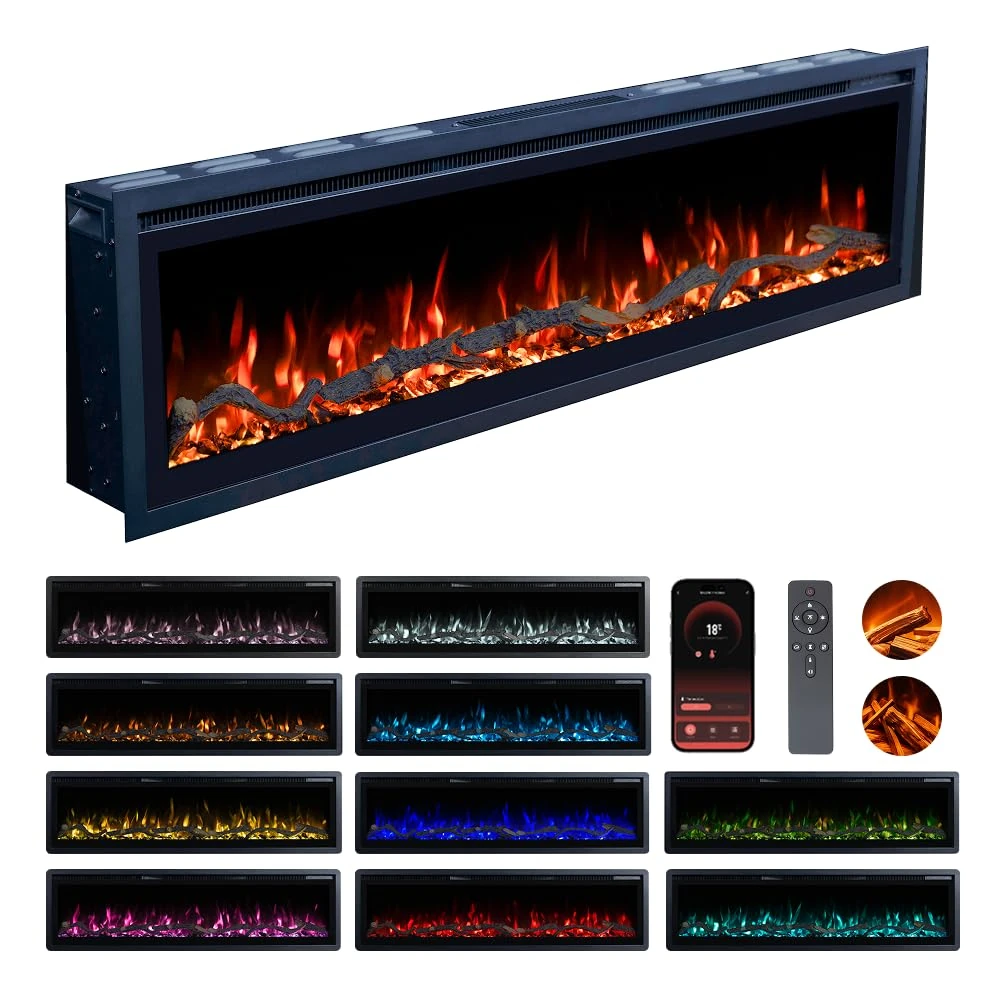 Valine Fires Recessed Electric Freestanding Fireplace UltraSlim Heater 60"/152cm, Wall-Mounted Fireplace for Media Wall, Electric Fire with 15 LED Flame Colours, Remote Control & Real Logs, 900W/1800W