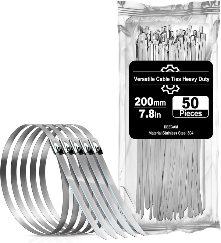 Deecam 50pcs 4.6x200mm Stainless Steel Cable Ties - Steel Ball Stopper