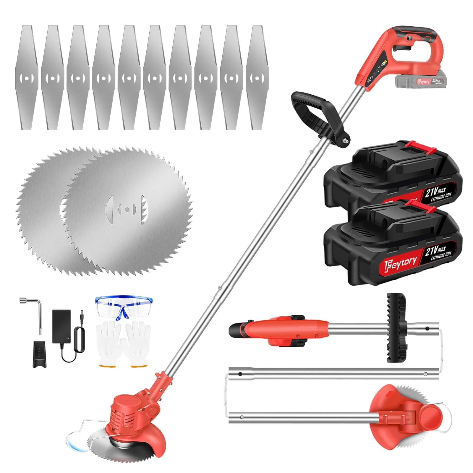 Cordless Strimmer Lightweight 3-Section Grass Trimmers With 10 Metal Blades, 2 Saw Disc, 2pcs1.5Ah Batteries, 125cm Cutting Diameter, Adjustable Cutting Head, For Lawn Garden (Red)