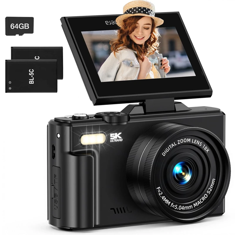 5K Digital Camera for Photography, 75MP WiFi Vlogging Camera for YouTube with 3" 180° Flip Screen, UHD Autofocus Video Camara with 18X Zoom, Compact Vlog Travel Camera with 64GB SD Card, 2 Batterie