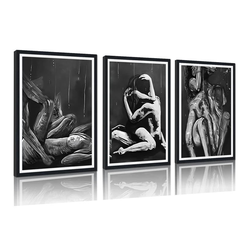 Sexy Lovers Framed Canvas Print Wall Art Large Couple Wall Decor Abstract Body Curve Line Posters Black White Artwork for Bedroom Bathroom Bar Ready to Hang 24x36inchx3Pcs BLACK