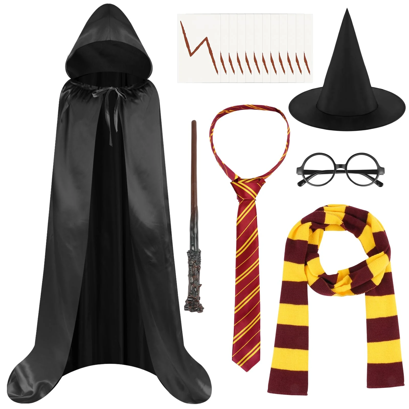 AUYAO 7 Pcs Wizard Costume Wizard Robe, Wizard Fancy Dress Up Costume with Magic Wand Black Cape Scarf Glasses Tattoo Sticker Tie Hat Cosplay Outfit for World Book Day Halloween Men Women