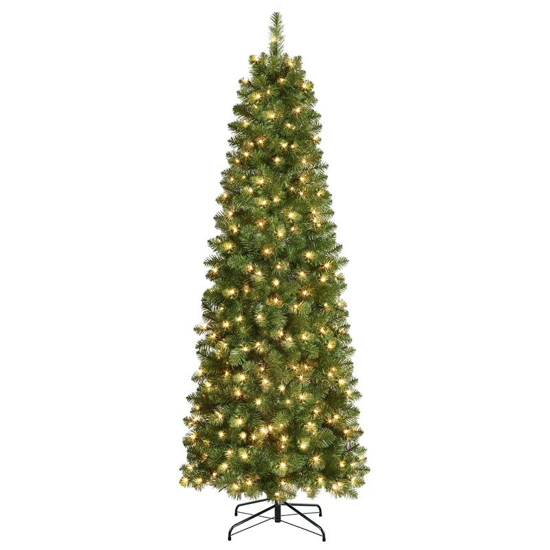 SHareconn 7.5ft Artificial Slim Pencil Christmas Tree,With 829 Branches Tips, 300 Warm White and Foldable Metal Stand, Christmas Decorations for Home, Green