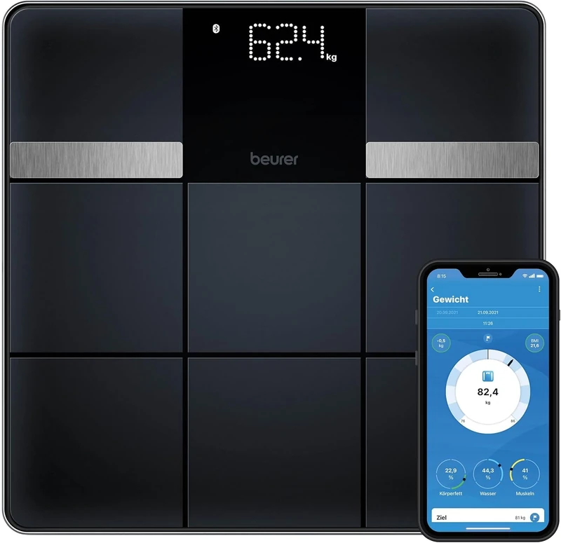 Beurer BF 450 Bathroom scale with app connection via Bluetooth, digital body fat scales with 17 measurements including body fat, muscle mass, BMI, 8 user memories, data transfer to Apple Health & co.