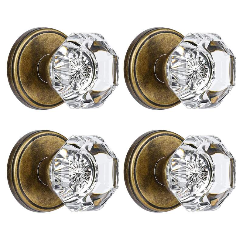 CLCTK Dummy Glass Crystal Door Knobs, Vintage Antique Brass Dummy Door Handles for Bifold Hall Closet Octagon Non-Turning Single Side, 4 Pack