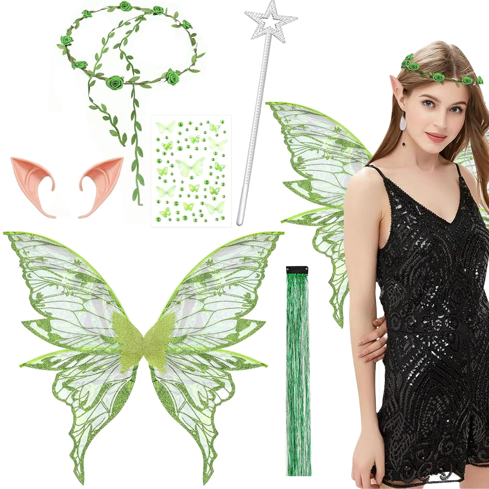Fairy Wings, 6 PCS Green Angel Costume Accessories, Butterfly Wings Adults, Sparkling Sheer Wings with Flower Headband, Angel Princess Fancy Dress Up Costumes for Halloween Party Cosplay (Green)