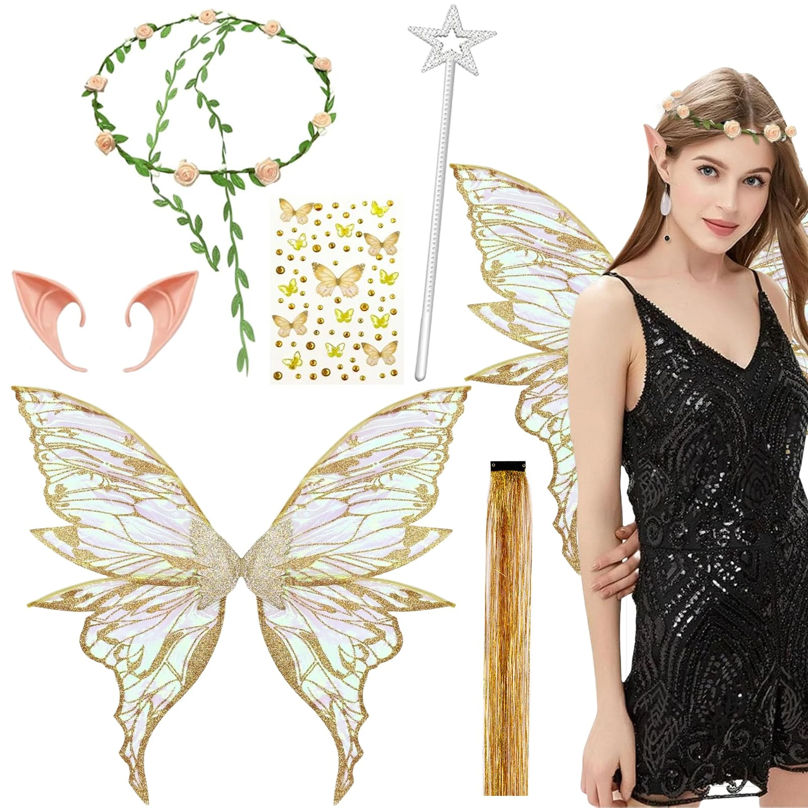 Fairy Wings, 6 PCS Angel Costume Accessories, Gold Butterfly Wings Adults, Sparkling Sheer Wings with Flower Headband, Angel Princess Fancy Dress Up Costumes for Halloween Party Cosplay (Gold)