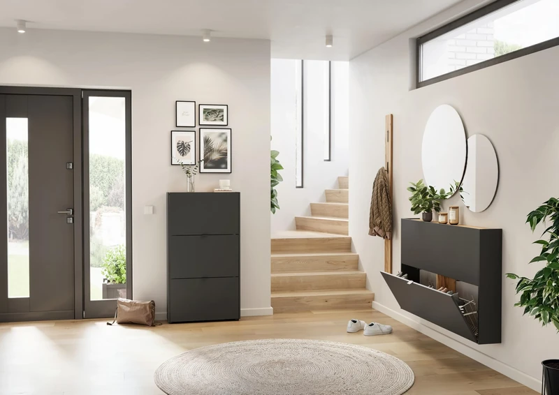 Germania Shoe cabinet 3235-549, in graphite/Navarra oak, with soft-close mechanism, 71 x 126 x 22 cm (WxHxD)