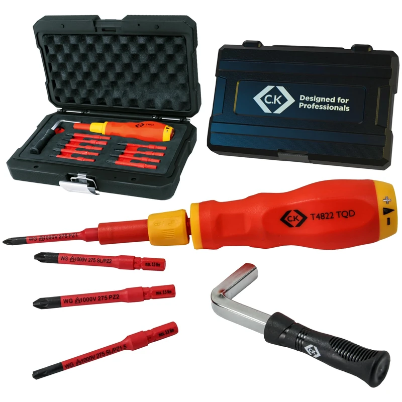 C.K Dexpress VDE Adjustable 1.2 – 6.0 Nm Torque Screwdriver Set, Up to 10x More Accurate, 10pc Electricians Kit, ISO 6789 Calibrated, 9 Slim Bits inc. RCBO Tool, Hard Toolbox Case, CK Tools, T4822 TQD