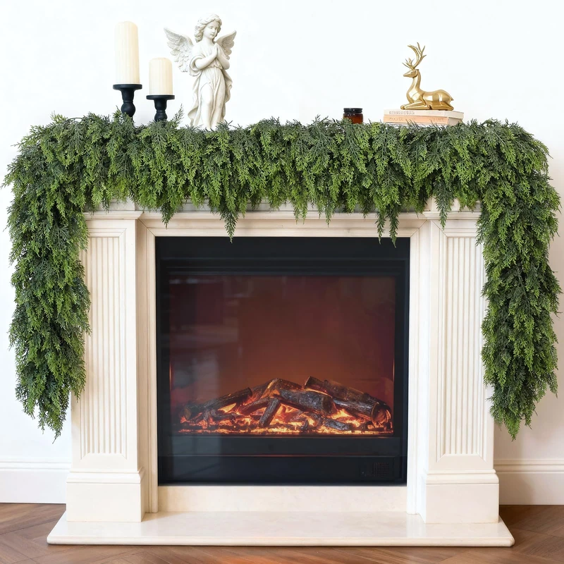 Real Touch Christmas Cedar Garland -9ft Artificial Garlands Faux Cedar Fake Pine Needles Garland for Fireplace,Table,Window,Stairs,Mante,Holiday Indoor Outdoor Xmas Decor(1PCS)