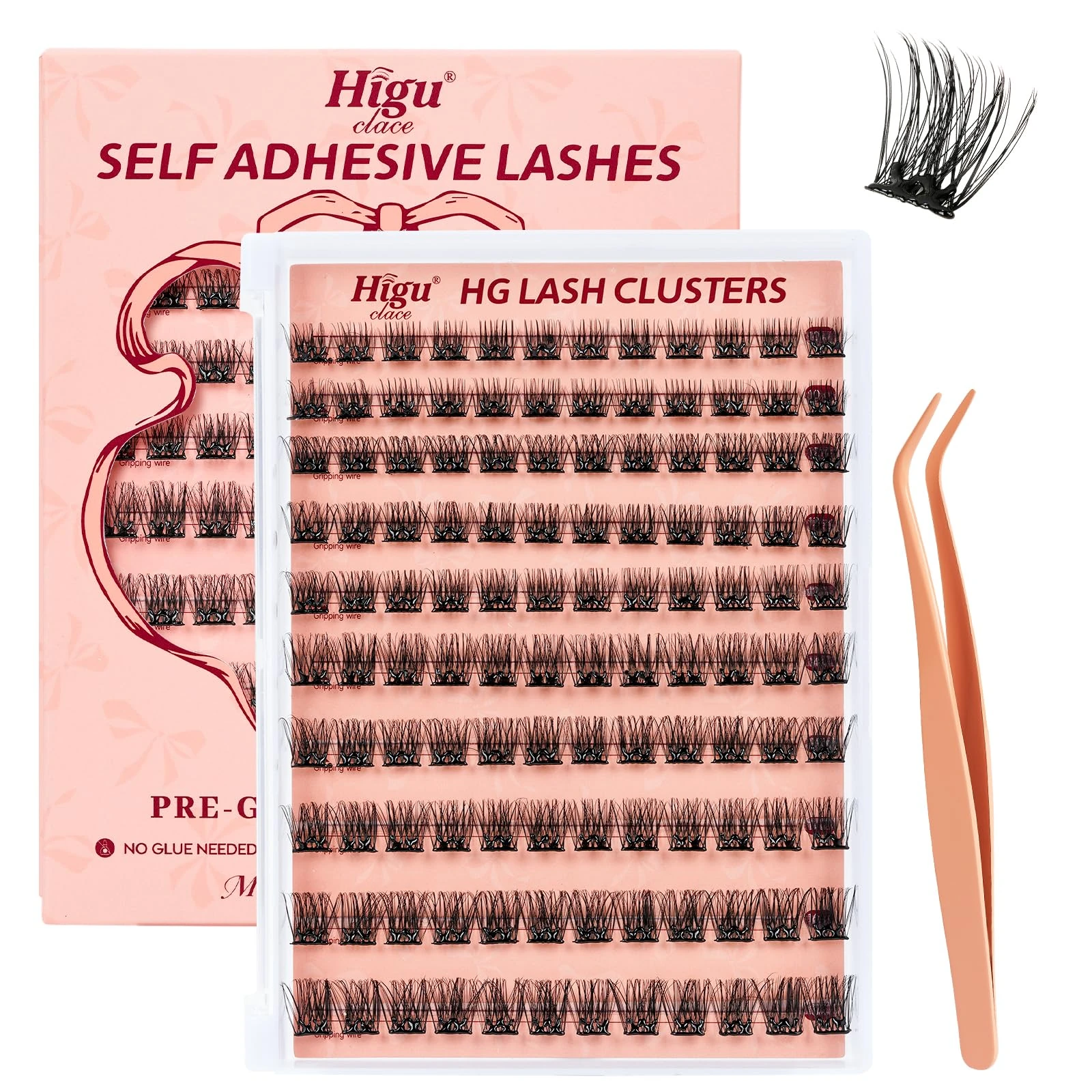 Higu clace Pre-Glued lashes 120pcs Self Adhesive Eyelashes D Curl, Self Adhesive Eyelashes No Glue Needed, Pre-Glued Cluster Lashes Kit with Lash Tweezers, Press On Cluster 8-16mm (Volume 01)