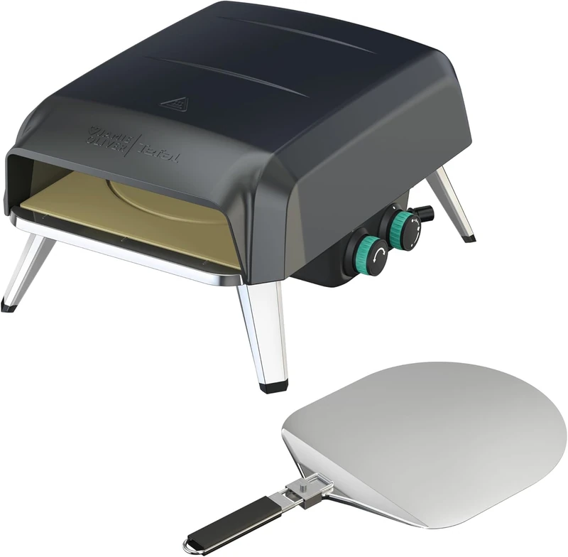 Jamie Oliver by Tefal Pizza Pronto JM4168D0 Gas Pizza Oven 360° Rotating Pizza Stone Manual Rotary Knob Compact Design Includes Pizza Peel Black Stainless Steel