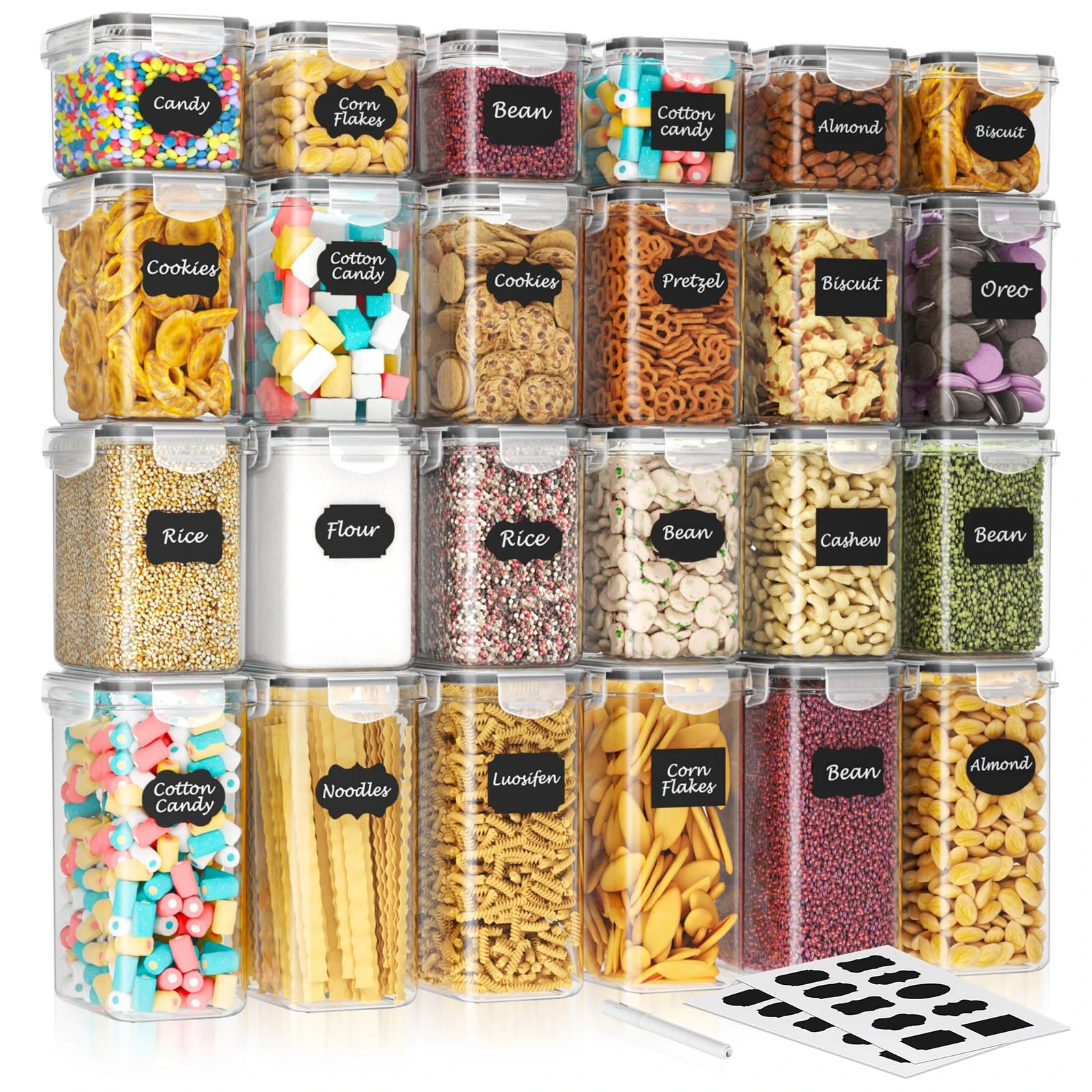 SavvyStor 24 PCS Food Storage Containers, Kitchen Storage, 33.6L BPA Free Pantry Organizers and Storage Plastic Leak-Proof Canisters for Cereal Dry Food, Flour and Sugar Includes 24 Labels & 1 Marker