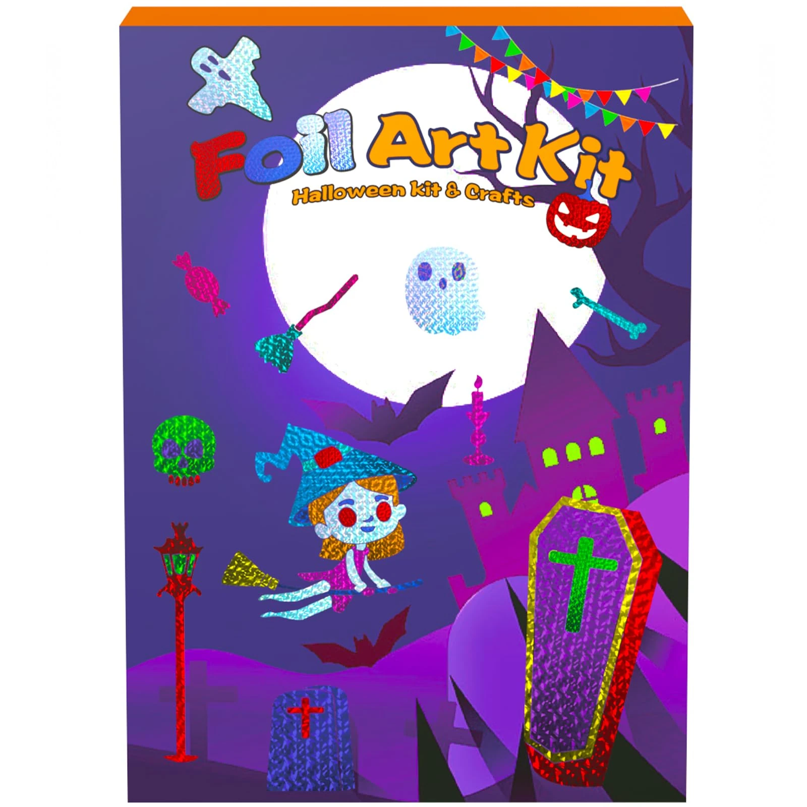 Halloween Foil Art Craft Kit | 8 Background Boards+8 EVA Stickers+Wooden Pressing Stick+50 Sheets 10-Color Foil Paper+10 Pairs Round Eyes | 3+ Years Old | Mess-Free Creative Craft for Boys & Girls