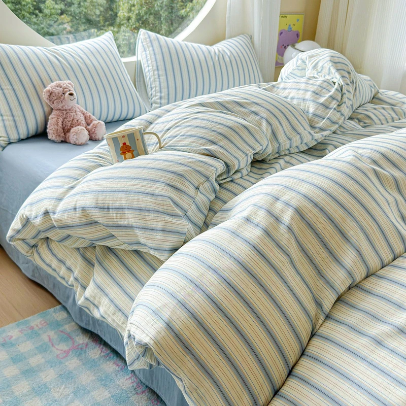 HighBuy Vintage Muslin Duvet Cover Set Twin,Blue Striped Bedding Set Linen Feel Soft Breathable Gingham Stripes Comforter Cover with 2 Pillowcases,Textured Gauze Bedding French Style