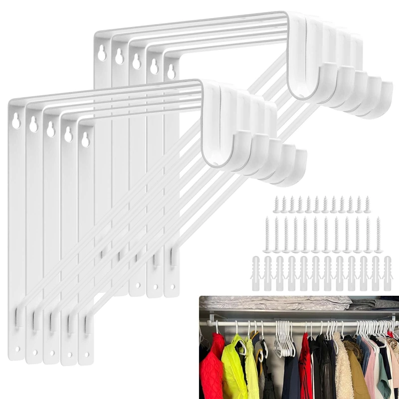 10PCS Heavy Duty Closet Rod Bracket, 11 x 11 Inch Closet Shelf Brackets,Supports 300 lbs,Wall Mount Closet Rod Supports Bracket Hook with Screws, Closet Rod Holders for Home and Closet Decor(White)