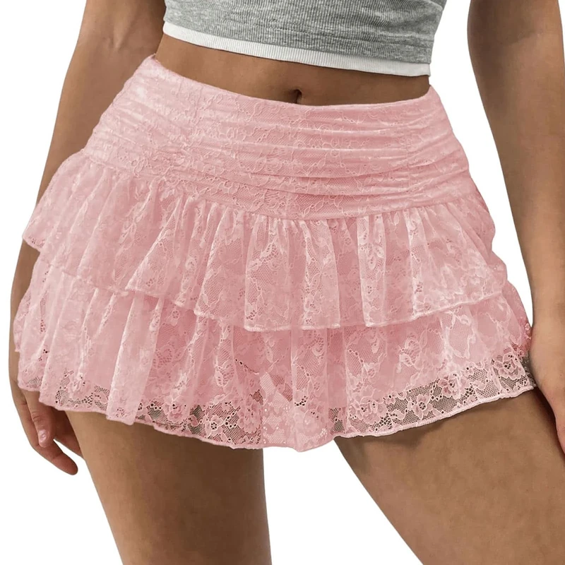 Women's Y2k Lace Layered Mini Skirt Ruched A Line Cute Tiered Ruffle Skirt High Waisted Ruffles Lingerie Short Skirts (Pink, S)