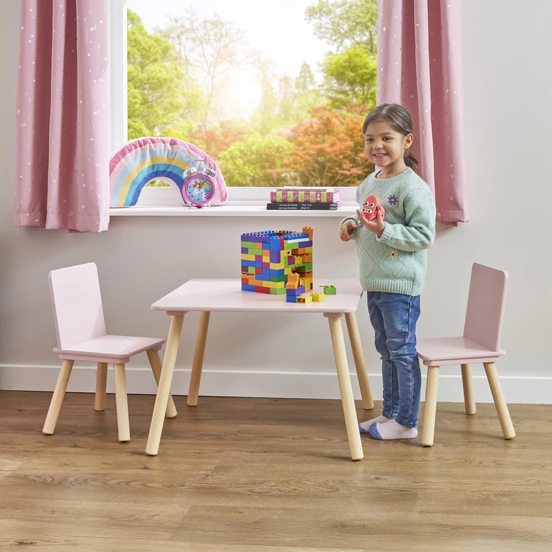 Liberty House Toys Kids Pink and Pinewood Table and 2 Chairs Set, Kids Wooden Table and Chairs, Children’s Playroom, Kids Furniture, Natural, Children's Table and Chairs, H440 x W600 x D600mm, TF6163