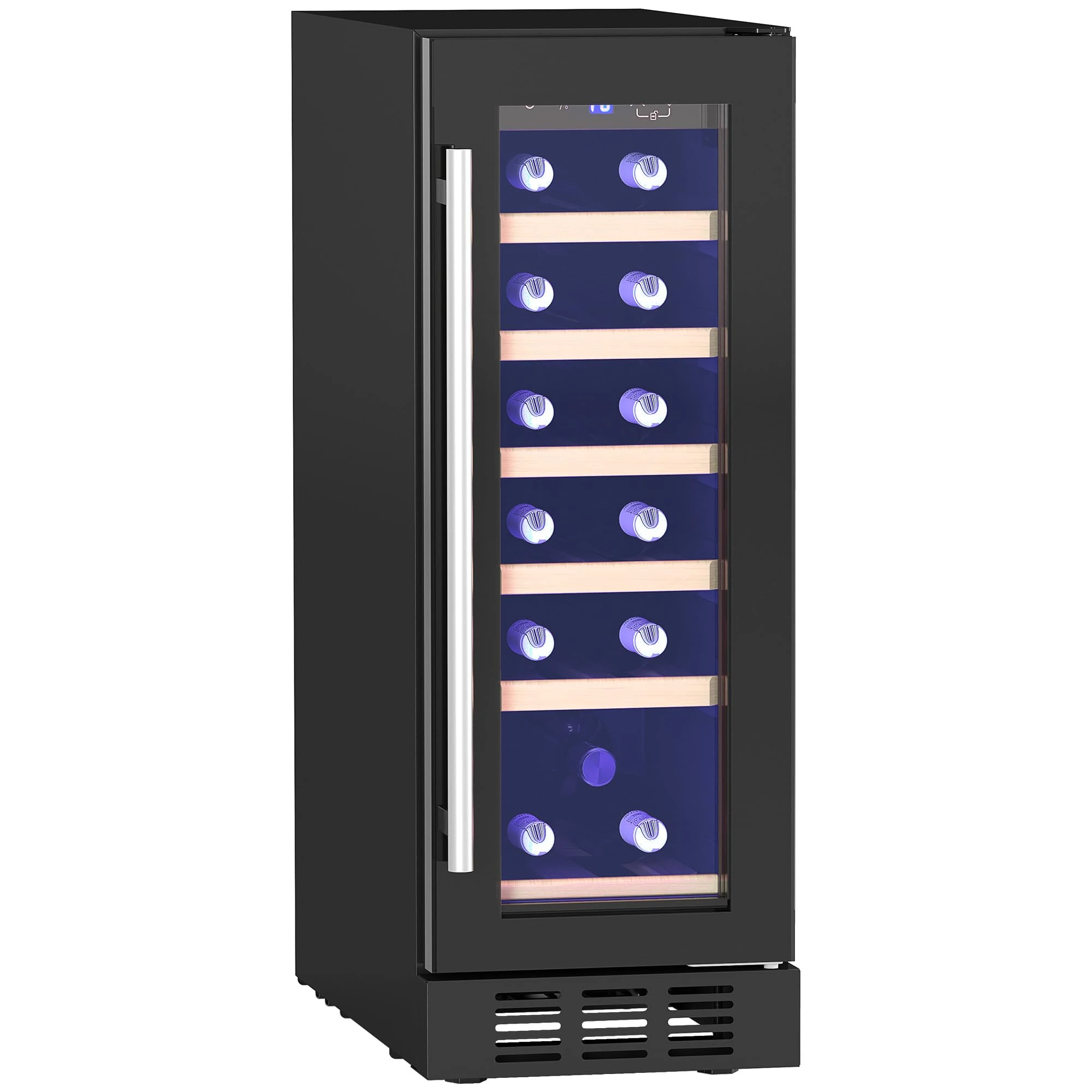 HOMCOM Wine Fridge, 19 Bottle, 56L, Built-in and Freestanding, 29.5cm Slimline, Under Counter Compressor Wine Cooler Fridge with Glass Door, LED Light, Touch Screen, Temperature Control