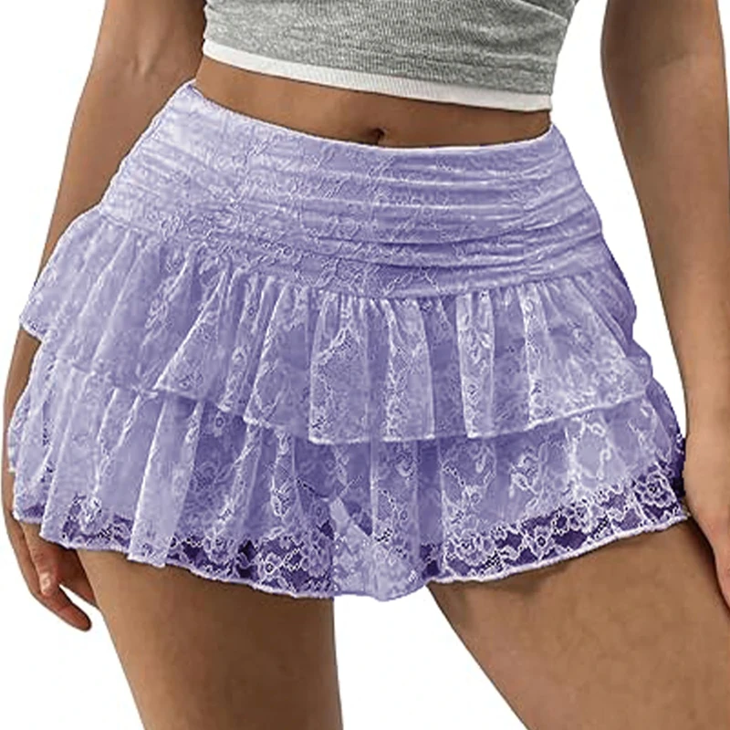 Women's Y2k Lace Layered Mini Skirt Ruched A Line Cute Tiered Ruffle Skirt High Waisted Ruffles Lingerie Short Skirts (Purple, S)