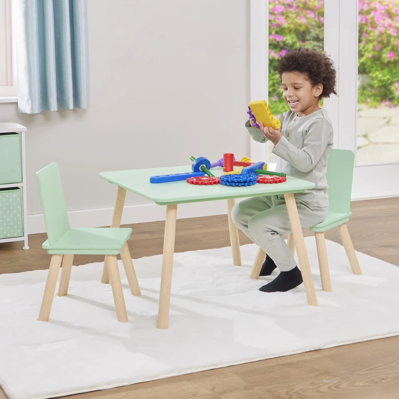 Liberty House Toys Kids Green and Pinewood Table and 2 Chairs Set, Kids Wooden Table and Chairs, Children’s Playroom, Kids Furniture, Natural, Children's Table and Chairs, H440 x W600 x D600mm, TF6163