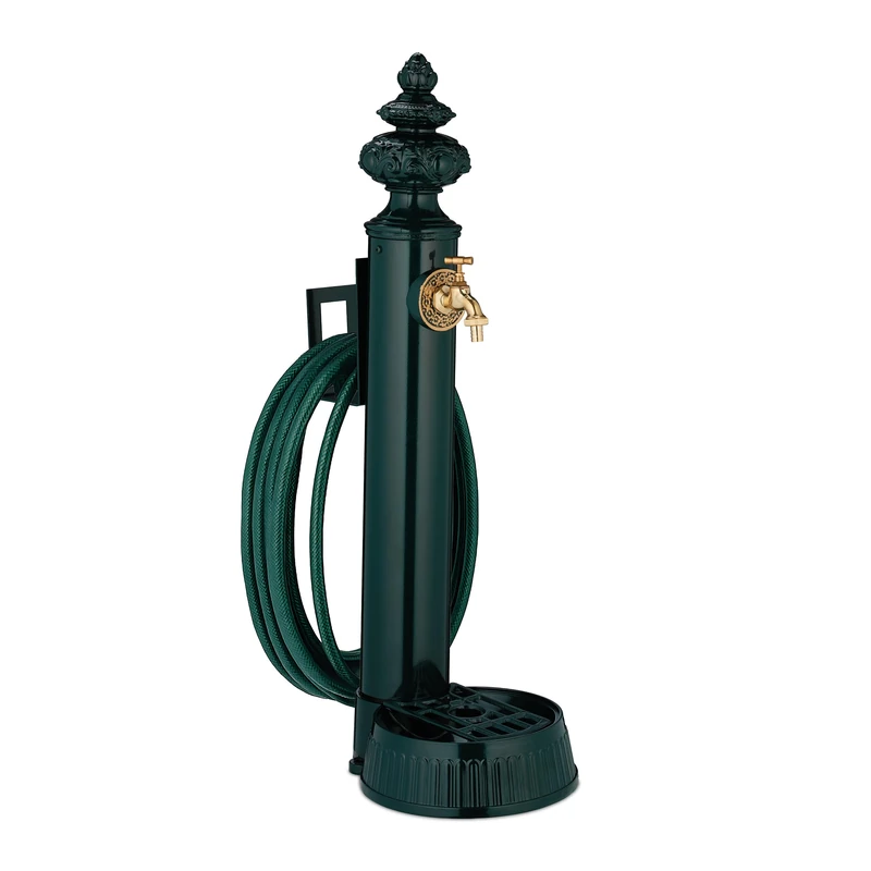 Relaxdays antique fountain, tap & basin, HxWxD: 87x26x43 cm, water tap column with hose holder, garden, green