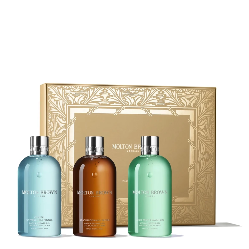 Molton Brown Woody & Aromatic Bath & Shower Gel Gift Set for Men - Trio of 300 ml Luxury Scented Bath & Shower Gel, Toiletries Set